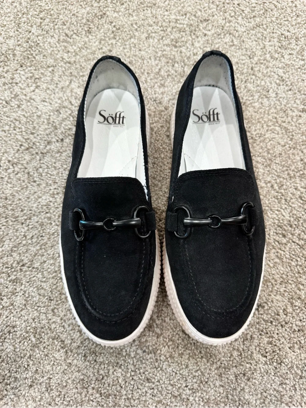 Sofft Black Suede Slip-On Loafer with White Platform Sole